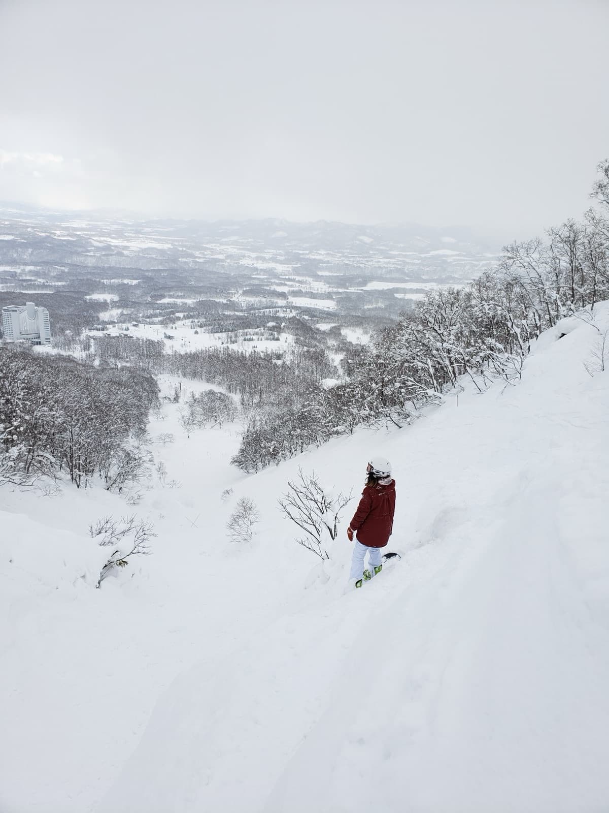 Sherry on a snowboard, looking down a deep powder slope