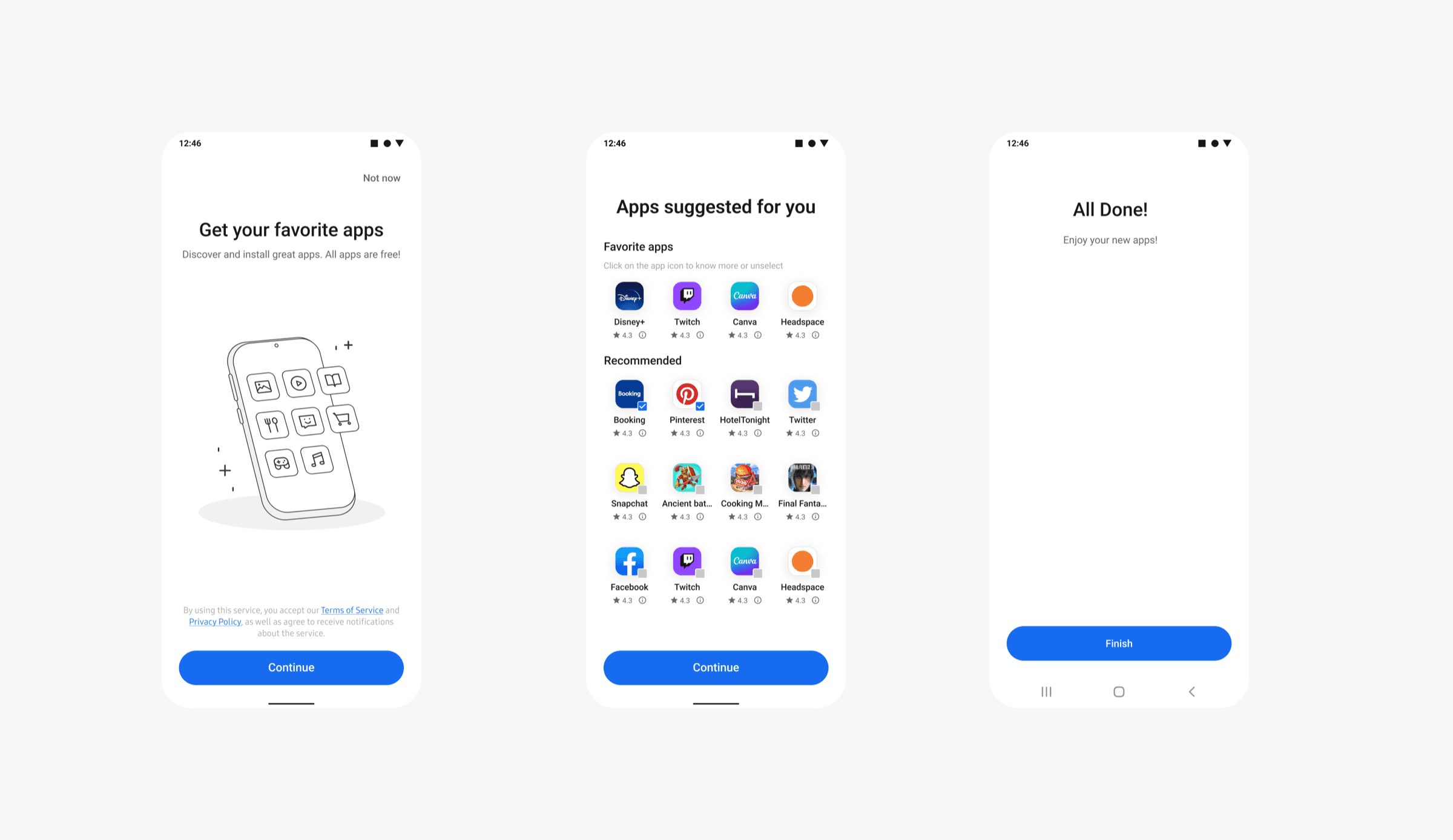 Three screens of the out-of-box app recommendation flow on a new Android phone.