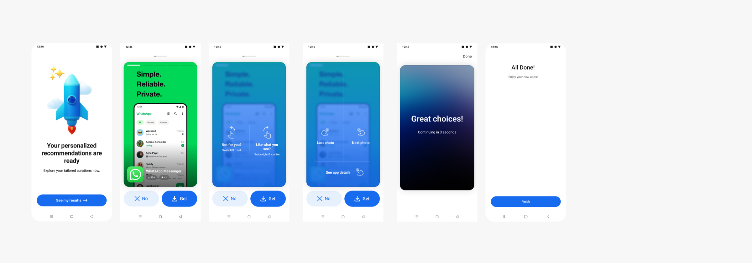 Sanitized screens of the Tinder-style swipe cards, one app per card with accept and skip gestures
