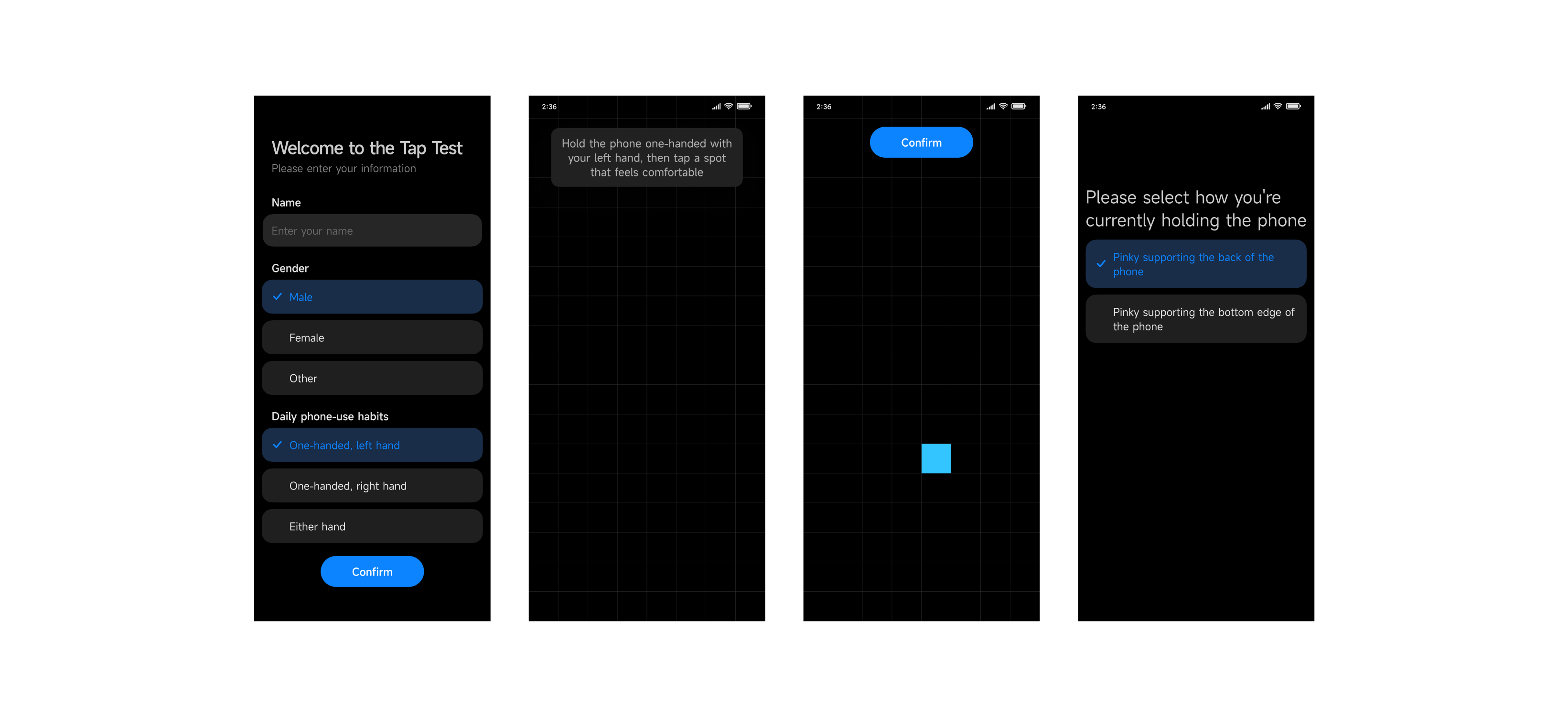 Four screens of the tap test app: a welcome form collecting name, gender and daily phone-use habits, an instruction to hold the phone one-handed and tap a comfortable spot, the tapped grid with a confirm button, and a screen asking which grip the participant is using