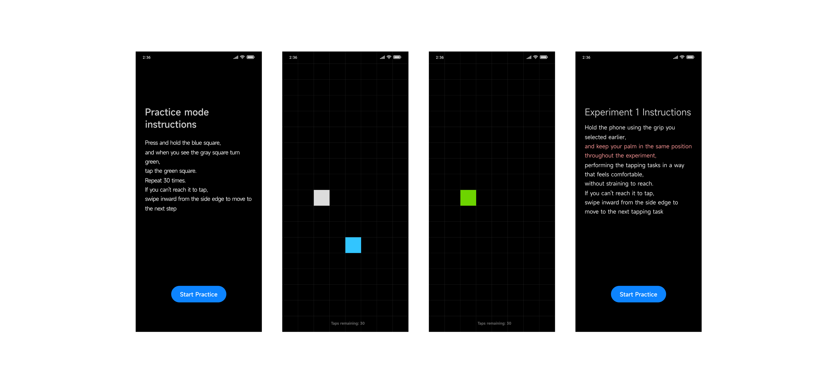 Four more screens of the tap test app: practice mode instructions, a trial where a blue square is long-pressed while a gray square waits, the gray square turned green and ready to tap, and the experiment 1 instructions asking participants to keep their palm in place