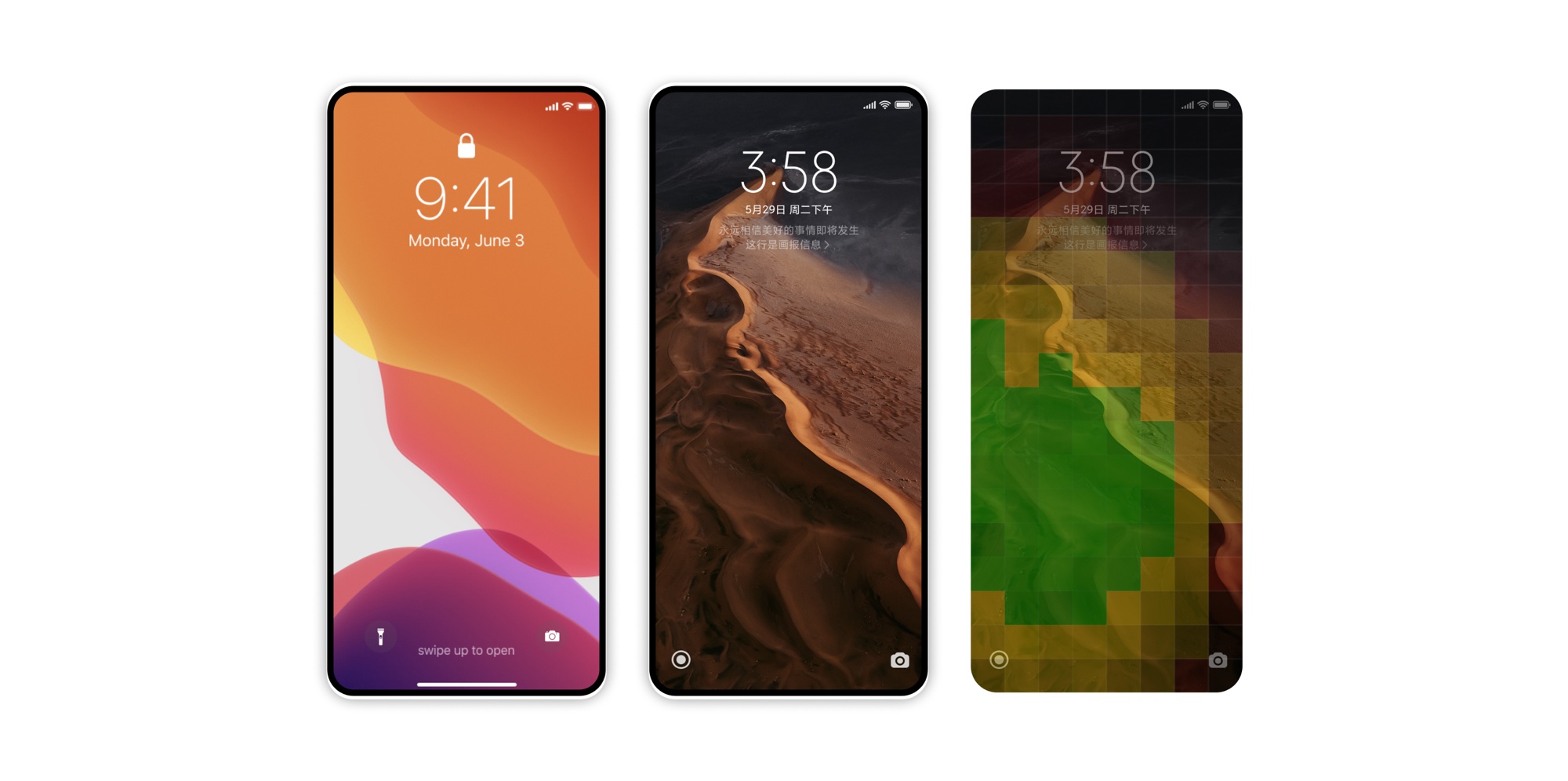 Three lock screens side by side: an iOS lock screen, the MIUI lock screen, and the same MIUI lock screen with the touch hot zone map overlaid, showing the camera and flashlight shortcuts sitting inside the easy zone